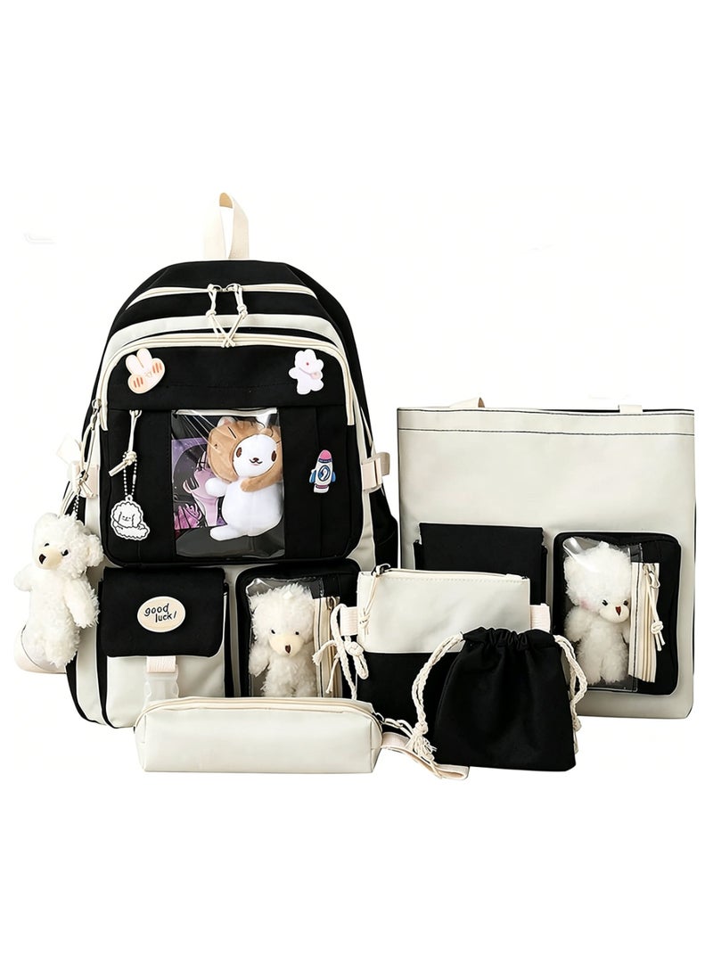 Arabest Kawaii Backpack 5pcs Set 17in Aesthetic sports bag with Cute Backpack, Shoulder Bag, Pencil Box, Tote Bag, Small Bag，Wearing a teddy bear pendant (Black backpack) - Image 1