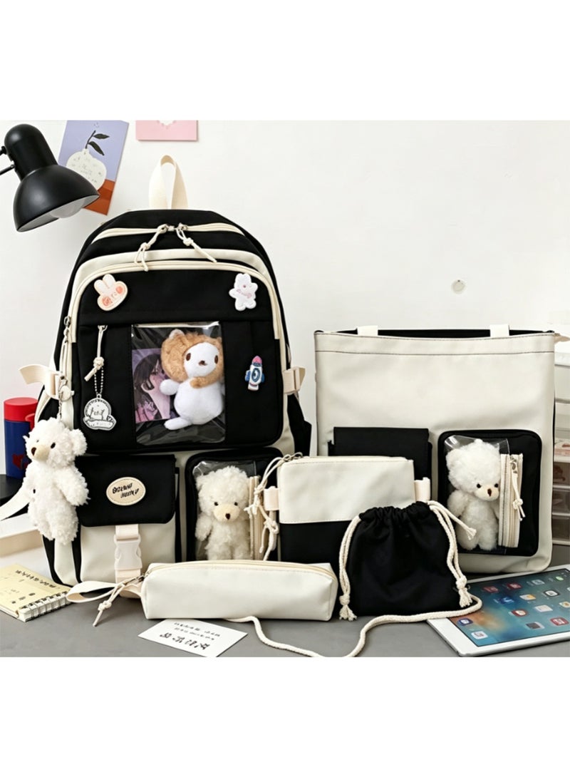 Arabest Kawaii Backpack 5pcs Set 17in Aesthetic sports bag with Cute Backpack, Shoulder Bag, Pencil Box, Tote Bag, Small Bag，Wearing a teddy bear pendant (Black backpack) - Image 4