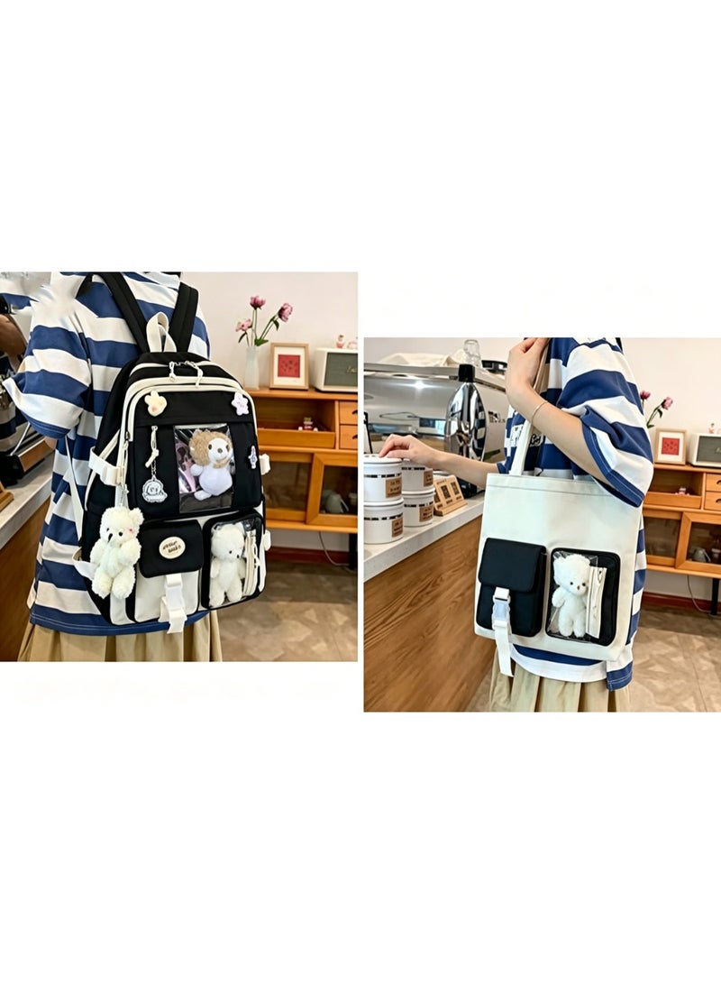 Arabest Kawaii Backpack 5pcs Set 17in Aesthetic sports bag with Cute Backpack, Shoulder Bag, Pencil Box, Tote Bag, Small Bag，Wearing a teddy bear pendant (Black backpack) - Image 5