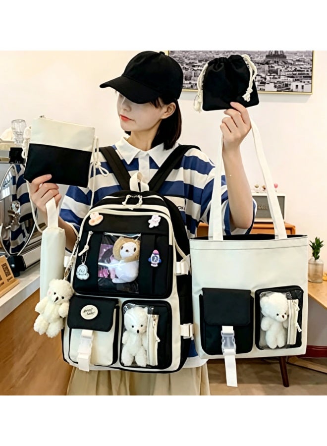 Arabest Kawaii Backpack 5pcs Set 17in Aesthetic sports bag with Cute Backpack, Shoulder Bag, Pencil Box, Tote Bag, Small Bag，Wearing a teddy bear pendant (Black backpack) - Image 3