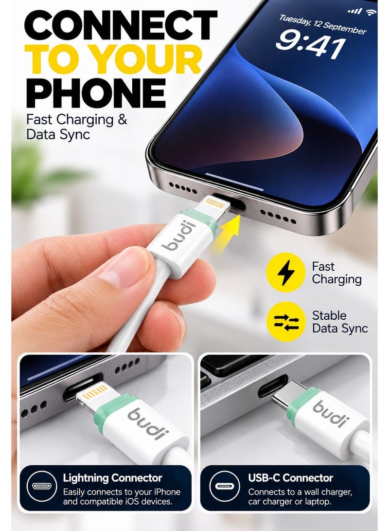 Budi DC277TL10WS PD 27W Type-C to Lightning Cable, 1M/3.3FT Fast Charging and Sync Cable Charging Cable - White - Image 3