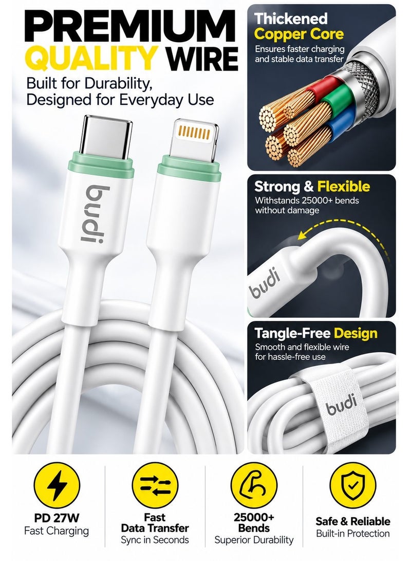 Budi DC277TL10WS PD 27W Type-C to Lightning Cable, 1M/3.3FT Fast Charging and Sync Cable Charging Cable - White - Image 2