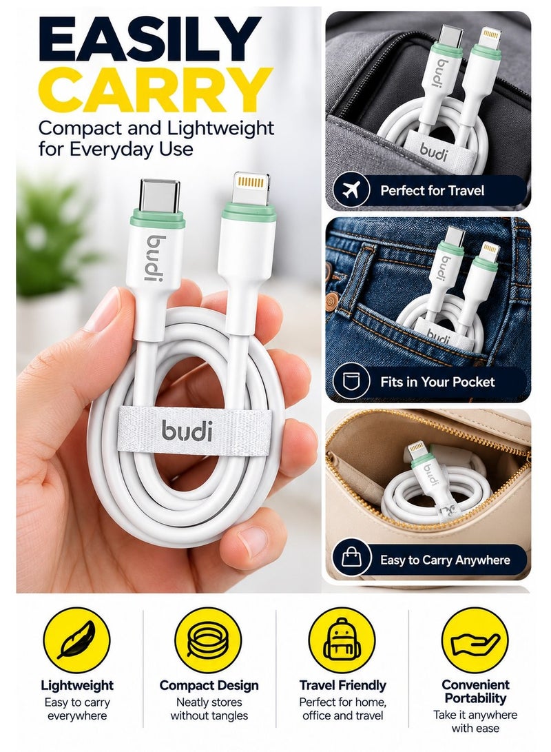 Budi DC277TL10WS PD 27W Type-C to Lightning Cable, 1M/3.3FT Fast Charging and Sync Cable Charging Cable - White - Image 5