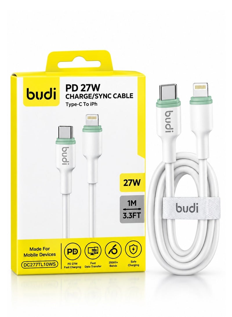 Budi DC277TL10WS PD 27W Type-C to Lightning Cable, 1M/3.3FT Fast Charging and Sync Cable Charging Cable - White - Image 1