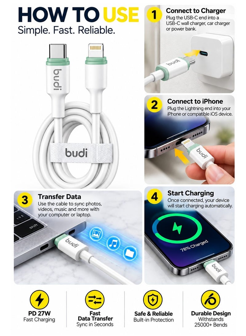 Budi DC277TL10WS PD 27W Type-C to Lightning Cable, 1M/3.3FT Fast Charging and Sync Cable Charging Cable - White - Image 4