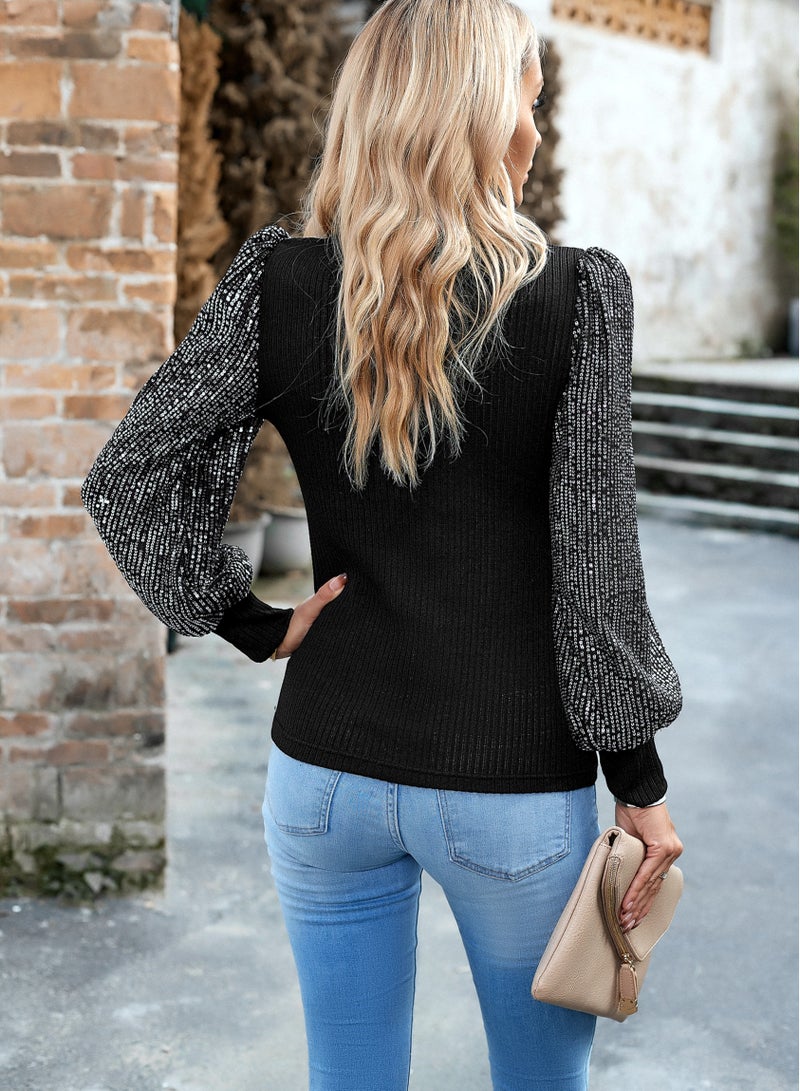Loquat Square Autumn Winter High Neck long Sleeve Sequin Knit Top Black  - Image 2
