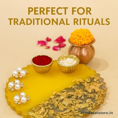 Vrindavanstore.in Resin Puja Plate Tray | 13.5×13.5 cm Ethnic Festival Thali Decor with Pearl Border Ceremonial Return Gift Packaging Display for Diwali, Pooja, Aarti & Festive Occasions - Image 5