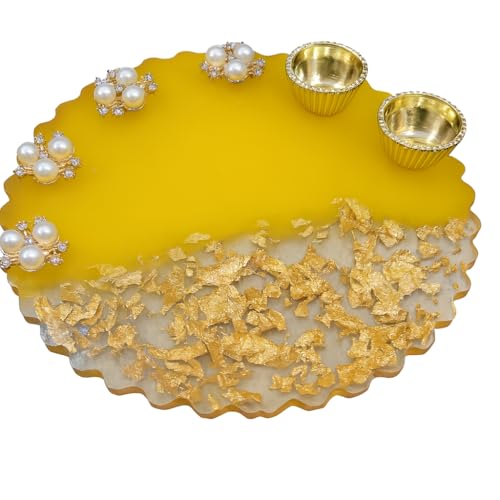 Vrindavanstore.in Resin Puja Plate Tray | 13.5×13.5 cm Ethnic Festival Thali Decor with Pearl Border Ceremonial Return Gift Packaging Display for Diwali, Pooja, Aarti & Festive Occasions - Image 1