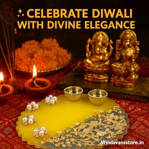Vrindavanstore.in Resin Puja Plate Tray | 13.5×13.5 cm Ethnic Festival Thali Decor with Pearl Border Ceremonial Return Gift Packaging Display for Diwali, Pooja, Aarti & Festive Occasions - Image 4