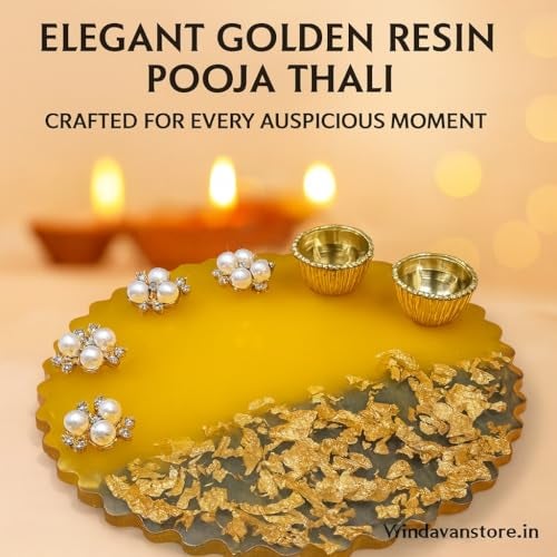 Vrindavanstore.in Resin Puja Plate Tray | 13.5×13.5 cm Ethnic Festival Thali Decor with Pearl Border Ceremonial Return Gift Packaging Display for Diwali, Pooja, Aarti & Festive Occasions - Image 3