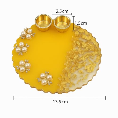 Vrindavanstore.in Resin Puja Plate Tray | 13.5×13.5 cm Ethnic Festival Thali Decor with Pearl Border Ceremonial Return Gift Packaging Display for Diwali, Pooja, Aarti & Festive Occasions - Image 2