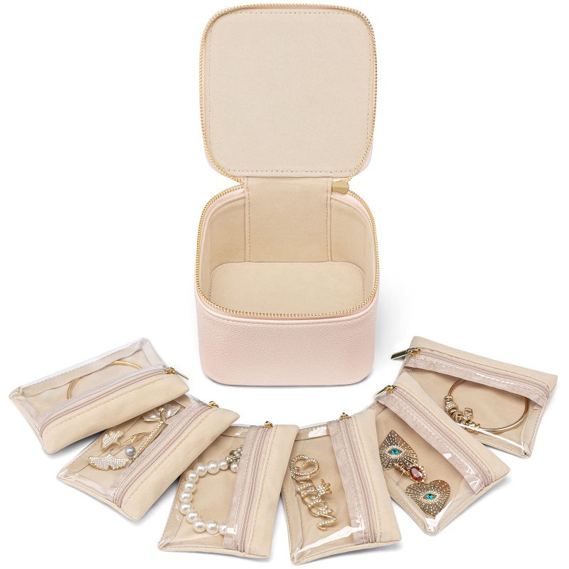 VLANDO Gifts for TeachersJewelry Box with 6 Velvet Jewelry Bags Travel Jewelry Storage for Women Girl Jewelry Organizer Necklace Rings Earrings Bags Gifts for WomenPink - Image 2