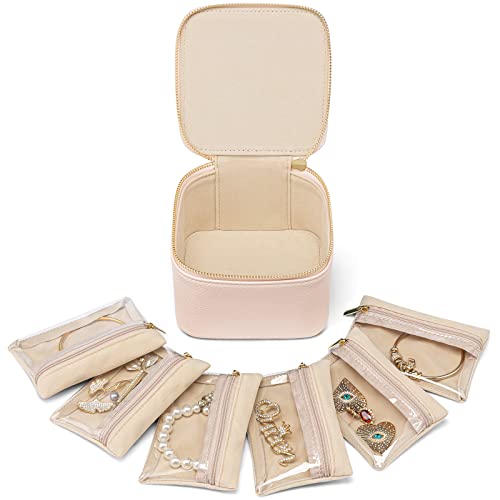 VLANDO Gifts for TeachersJewelry Box with 6 Velvet Jewelry Bags Travel Jewelry Storage for Women Girl Jewelry Organizer Necklace Rings Earrings Bags Gifts for WomenPink - Image 1
