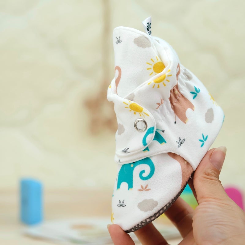 Ella Bonna Organic Cotton Baby Slippers, Non-Slip Sole, Newborn Booties, Home Nursery Shoes, Elephants  - Image 5