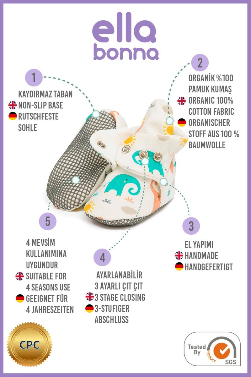 Ella Bonna Organic Cotton Baby Slippers, Non-Slip Sole, Newborn Booties, Home Nursery Shoes, Elephants  - Image 4