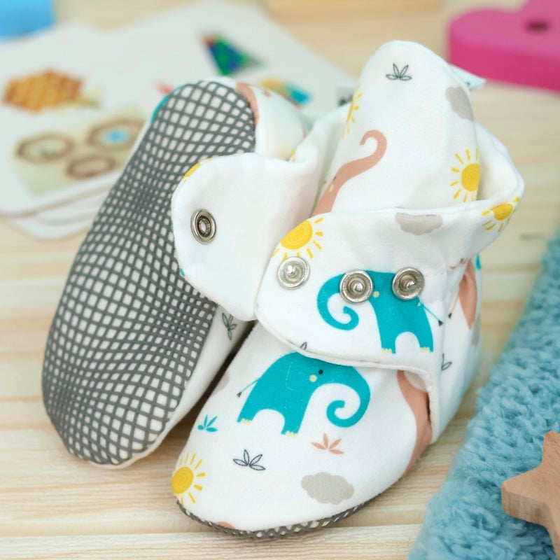 Ella Bonna Organic Cotton Baby Slippers, Non-Slip Sole, Newborn Booties, Home Nursery Shoes, Elephants  - Image 3