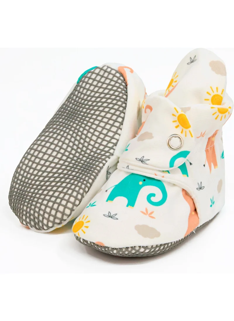 Ella Bonna Organic Cotton Baby Slippers, Non-Slip Sole, Newborn Booties, Home Nursery Shoes, Elephants