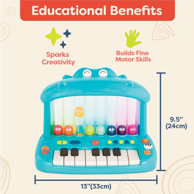 بي. تويز B. toys – لوحة مفاتيح لعبة – بيانو للعب – أغاني، أصوات وأضواء – آلة موسيقية للأطفال الصغار والأطفال – 12 شهرًا فأكثر – Hippo Pop - Image 4