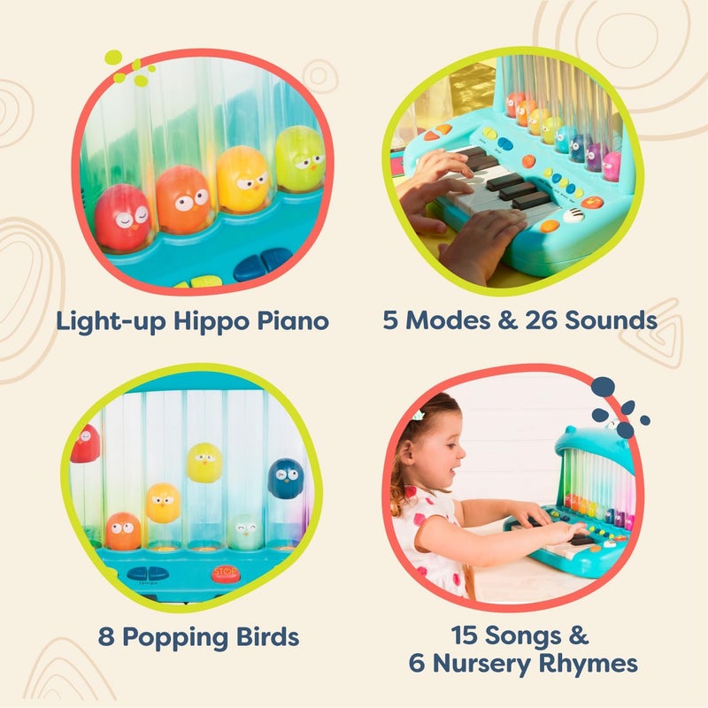بي. تويز B. toys – لوحة مفاتيح لعبة – بيانو للعب – أغاني، أصوات وأضواء – آلة موسيقية للأطفال الصغار والأطفال – 12 شهرًا فأكثر – Hippo Pop - Image 3