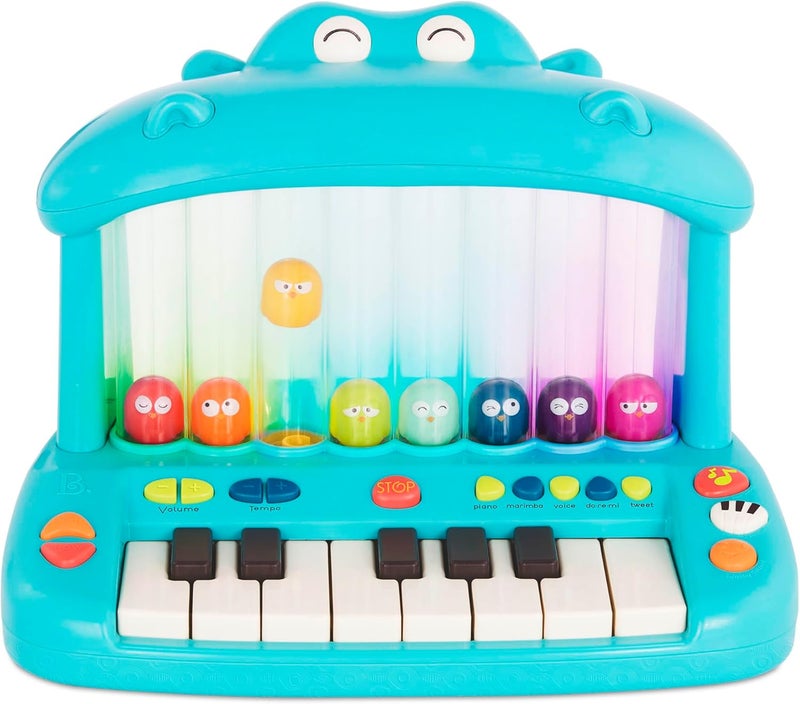 بي. تويز B. toys – لوحة مفاتيح لعبة – بيانو للعب – أغاني، أصوات وأضواء – آلة موسيقية للأطفال الصغار والأطفال – 12 شهرًا فأكثر – Hippo Pop - Image 1