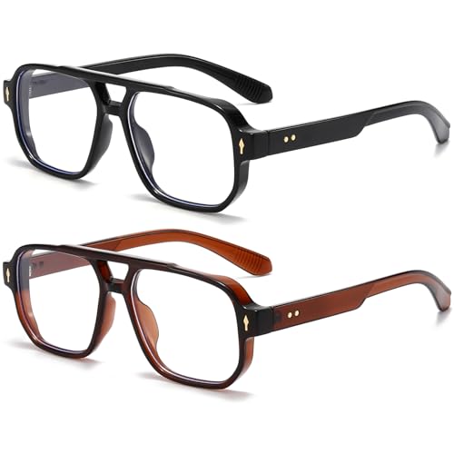 PORADAY Blue Light Blocking Glasses for Women Men 70s Retro Square Aviator Eyeglasses Rectangle Computer Eyewear(Black+Clear Brown) - Image 1