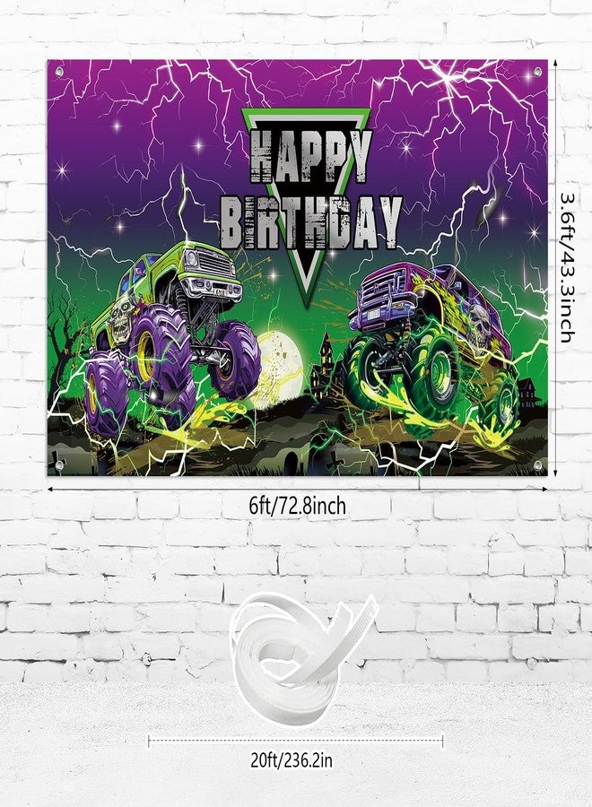 Jectivs Truck Happy Birthday Backdrop Decorations,6x3.6Ft Green Purple Monster Car Birthday Banner for Boys Racing Car Themed Party Supplies Yard Sign Decor Wall Background Photography - Image 2