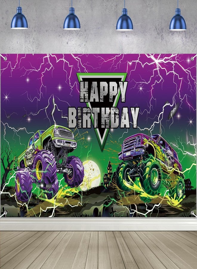 Jectivs Truck Happy Birthday Backdrop Decorations,6x3.6Ft Green Purple Monster Car Birthday Banner for Boys Racing Car Themed Party Supplies Yard Sign Decor Wall Background Photography - Image 1
