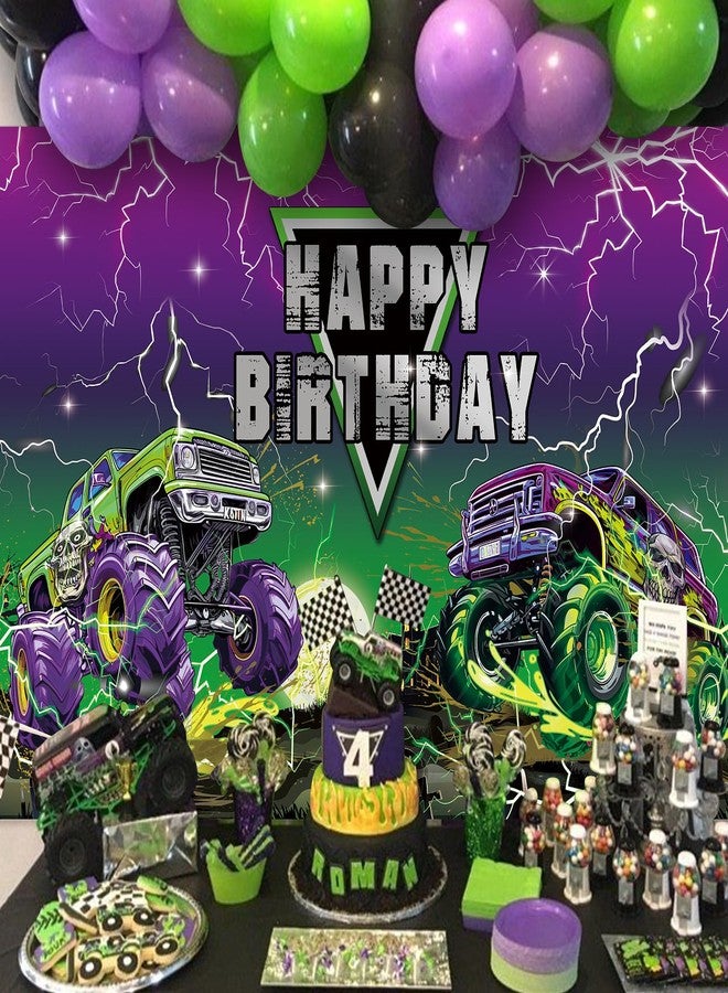 Jectivs Truck Happy Birthday Backdrop Decorations,6x3.6Ft Green Purple Monster Car Birthday Banner for Boys Racing Car Themed Party Supplies Yard Sign Decor Wall Background Photography - Image 5