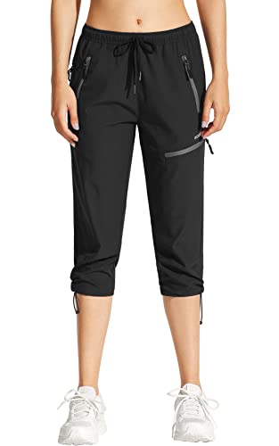 MOCOLY Women's Hiking Capris Pants Outdoor Lightweight Quick Dry Water Resistant UPF 50 Cargo Pants with Zipper Pockets Black L - Image 1