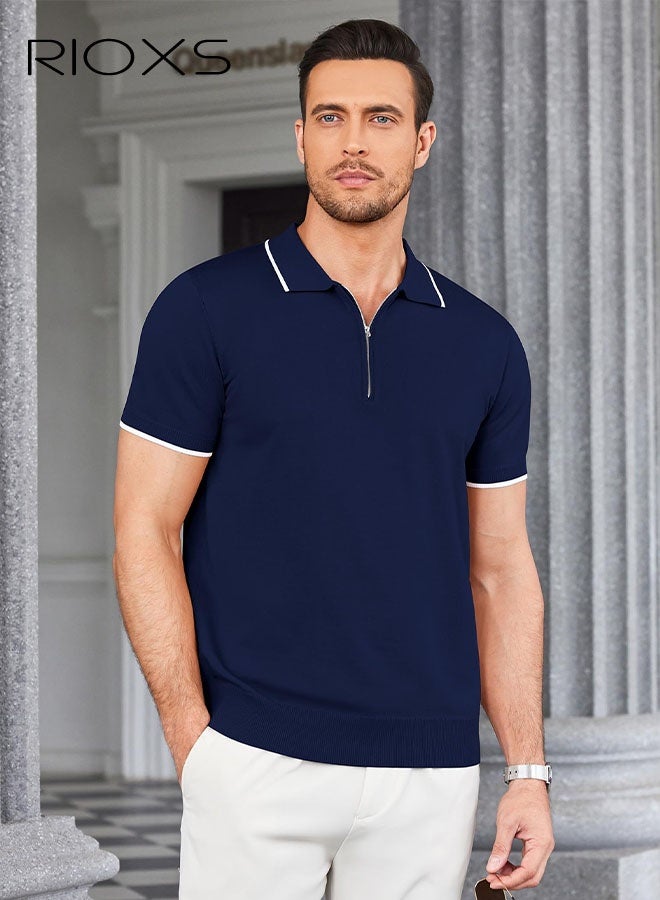 RIOXS ​​Men's Zippered Knit Polo Shirt, Navy Blue Breathable Business Casual Shirt, Comfortable Loose Fit Pullover with Contrast Trim, Lightweight Stretch Fabric Office to Weekend Top, Modern Half-Zip Golf Shirt for Men​ - Image 1