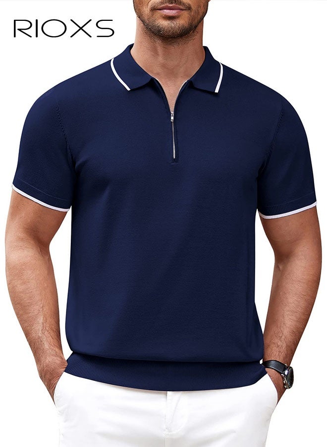 RIOXS ​​Men's Zippered Knit Polo Shirt, Navy Blue Breathable Business Casual Shirt, Comfortable Loose Fit Pullover with Contrast Trim, Lightweight Stretch Fabric Office to Weekend Top, Modern Half-Zip Golf Shirt for Men​ - Image 4