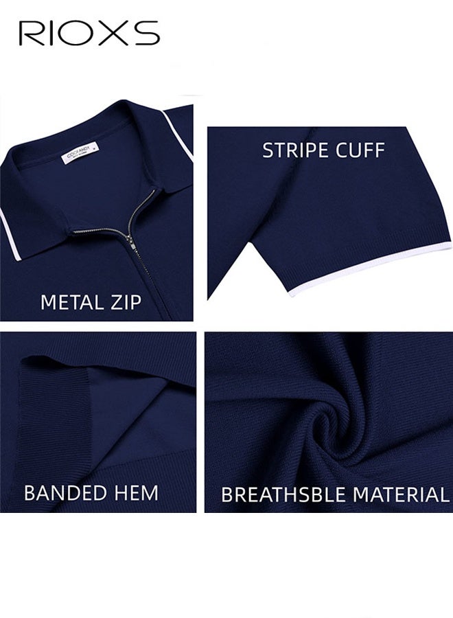 RIOXS ​​Men's Zippered Knit Polo Shirt, Navy Blue Breathable Business Casual Shirt, Comfortable Loose Fit Pullover with Contrast Trim, Lightweight Stretch Fabric Office to Weekend Top, Modern Half-Zip Golf Shirt for Men​ - Image 5