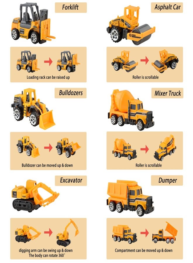 BenRich 6Pcs Mini Die Cast Car 1/64 Scale Alloy Construction Truck Vehicle Model Toy Set - Dump, Excavator, Forklift, Road Roller, Bulldozer, Mixer - Toy Cars for Kids Boys Girls Birthday Xmas Present - Image 3