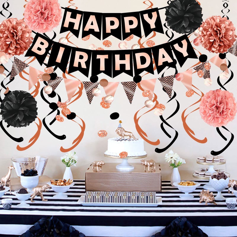 FECEDY Rose Gold Black Theme Happy Birthday Banner Flag Bunting Paper Circle Confetti Garland Swirl Streamers Honeycomb Ball for Birthday Party Decoration - Image 3