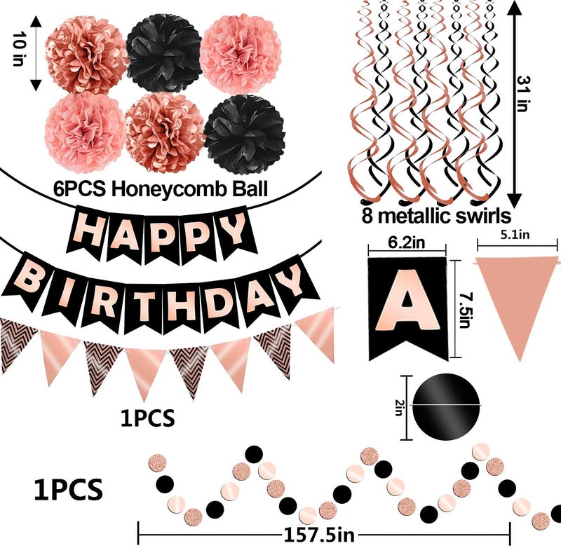 FECEDY Rose Gold Black Theme Happy Birthday Banner Flag Bunting Paper Circle Confetti Garland Swirl Streamers Honeycomb Ball for Birthday Party Decoration - Image 2