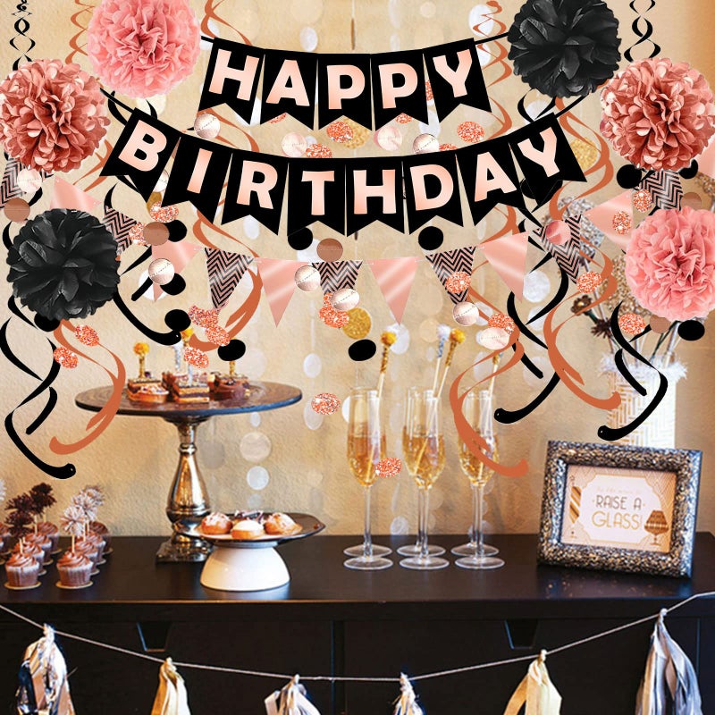 FECEDY Rose Gold Black Theme Happy Birthday Banner Flag Bunting Paper Circle Confetti Garland Swirl Streamers Honeycomb Ball for Birthday Party Decoration - Image 5