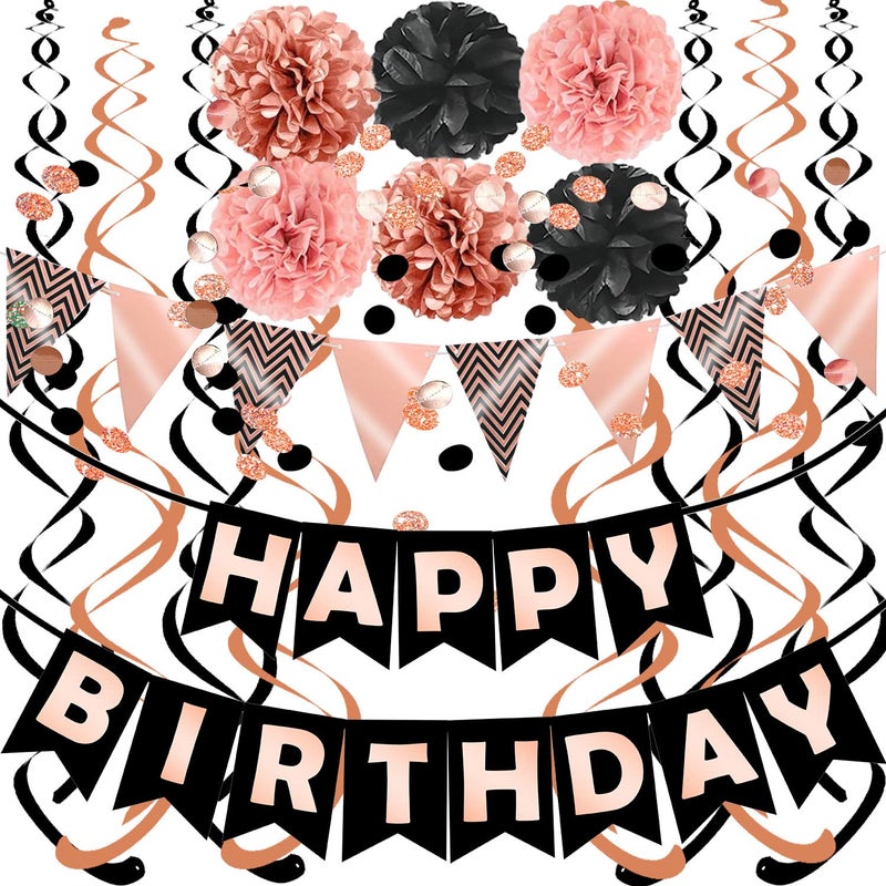 FECEDY Rose Gold Black Theme Happy Birthday Banner Flag Bunting Paper Circle Confetti Garland Swirl Streamers Honeycomb Ball for Birthday Party Decoration - Image 1