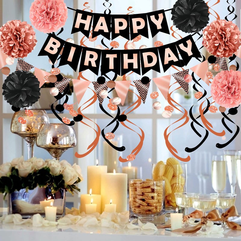 FECEDY Rose Gold Black Theme Happy Birthday Banner Flag Bunting Paper Circle Confetti Garland Swirl Streamers Honeycomb Ball for Birthday Party Decoration - Image 4