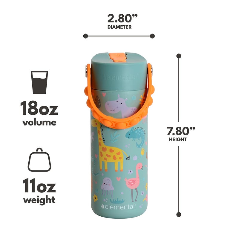 Elemental Insulated Kids Water Bottle, Stainless Steel Water Bottle with Straw Lid & Pop-It Handle, Leak-Proof Water Bottles for School, Boys or Girls, Travelling and Sports, 18oz - Safari - Image 2