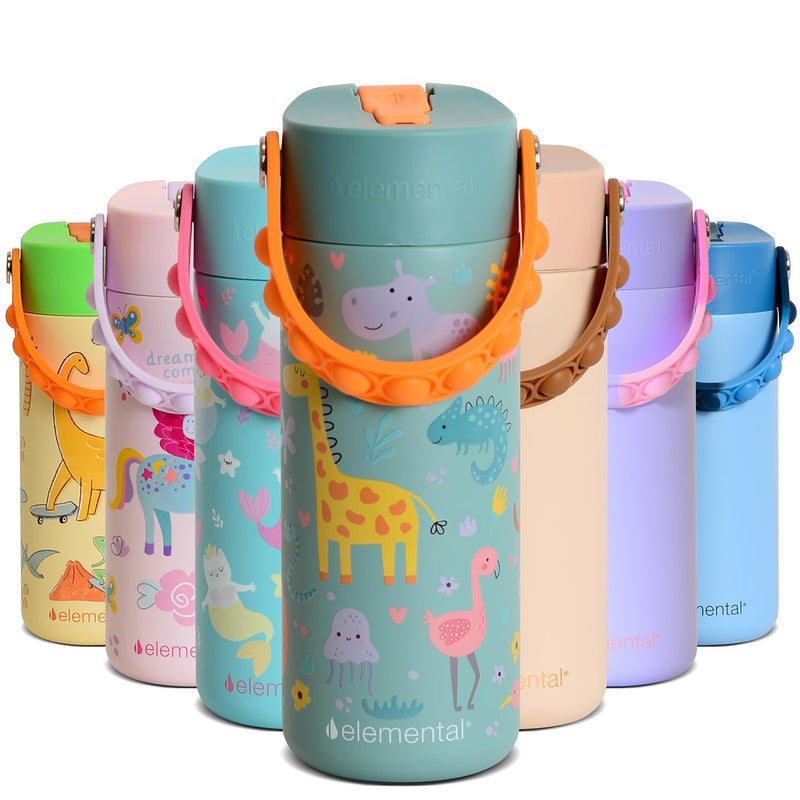 Elemental Insulated Kids Water Bottle, Stainless Steel Water Bottle with Straw Lid & Pop-It Handle, Leak-Proof Water Bottles for School, Boys or Girls, Travelling and Sports, 18oz - Safari - Image 1