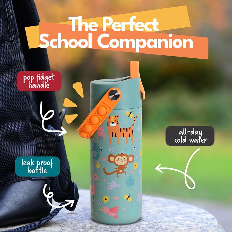 Elemental Insulated Kids Water Bottle, Stainless Steel Water Bottle with Straw Lid & Pop-It Handle, Leak-Proof Water Bottles for School, Boys or Girls, Travelling and Sports, 18oz - Safari - Image 4