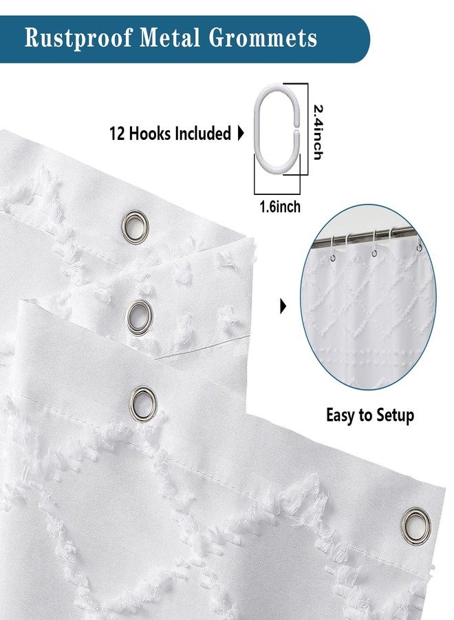 Lecloud White Fabric Shower Curtain 72x72 Inches, Boho Tufted Plaid Striped Shower Curtain Set for Bathroom, Chic Textured Cloth Shower Curtain - Image 4