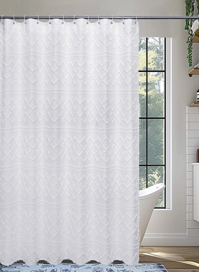 Lecloud White Fabric Shower Curtain 72x72 Inches, Boho Tufted Plaid Striped Shower Curtain Set for Bathroom, Chic Textured Cloth Shower Curtain - Image 2
