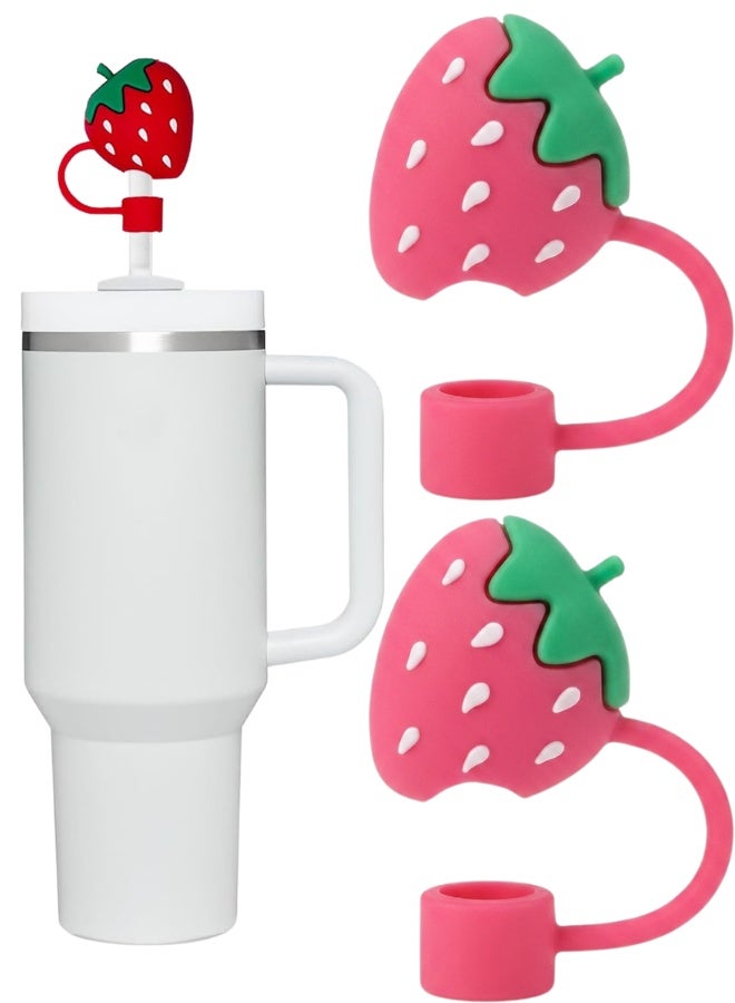 Silicone Straw Toppers for 10mm Straws, 2-Pack Strawberry Straw Covers for Stanley Quencher H2.0 and Simple Modern Tumblers, Food-Grade Reusable Straw Caps - Image 1