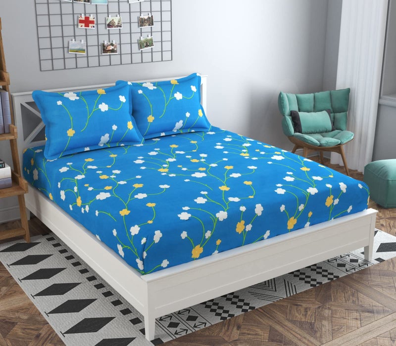 KAWI Cotton Blend Graceful Elastic Fitted Bedsheet with 2 Pillow Cover (72" X 78") – Blue White - Image 1