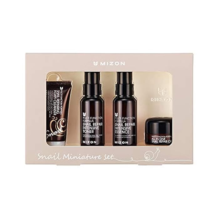 MIZON Snail Line Set, Korean Snail Skincare Essentials Set, Mini Sized Snail Foam Cleanser, Toner, Essence, and All in One Facial Cream to Improve Skin Tone, Fine Wrinkles, Smooth, Moisturize. - Image 1