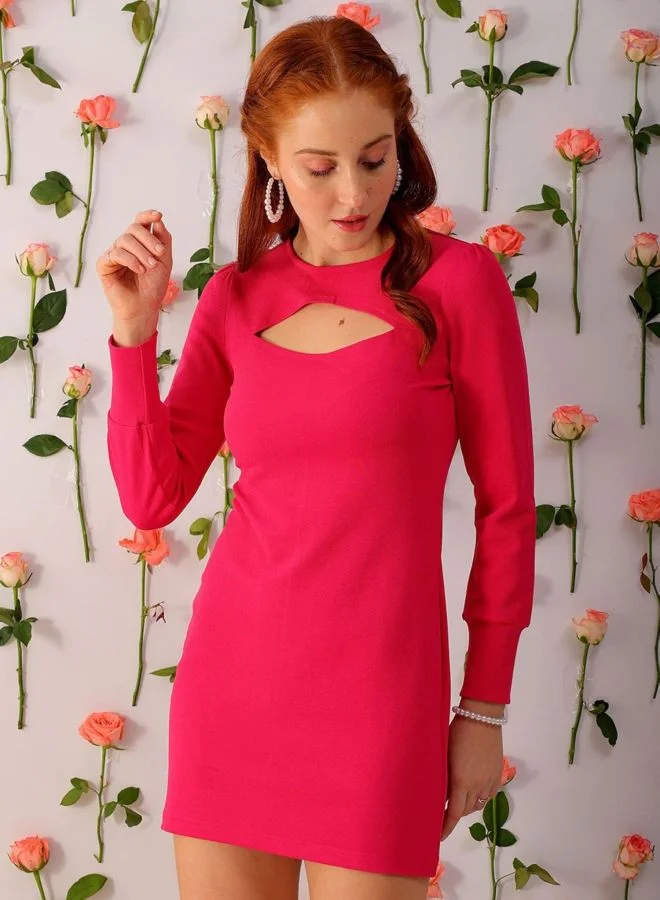 Women Regular Fit Solid Round Neck Long Sleeve Cut Out Dress