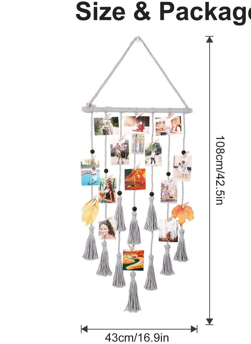 Antikiano - Hanging Photo Display Wall Decor, Gray Macrame Wall Hanging Boho Room Decor, Picture Frame Collage Board with 30 Clips, Bedroom Home Decor, Christmas Mom Grandma Teen Girl Gifts - Image 1