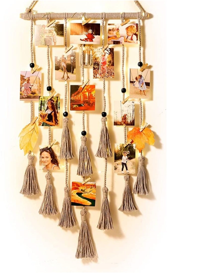 Antikiano - Hanging Photo Display Wall Decor, Gray Macrame Wall Hanging Boho Room Decor, Picture Frame Collage Board with 30 Clips, Bedroom Home Decor, Christmas Mom Grandma Teen Girl Gifts - Image 1