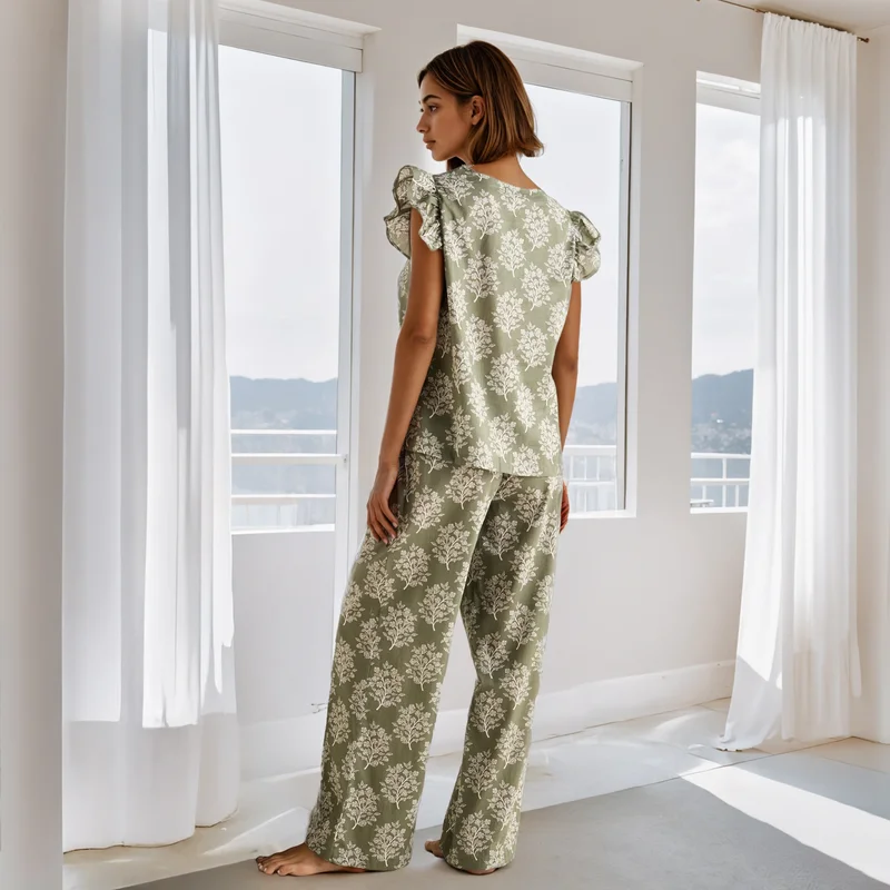 Splash FAV Printed Pyjama Set with Ruffle Sleeves